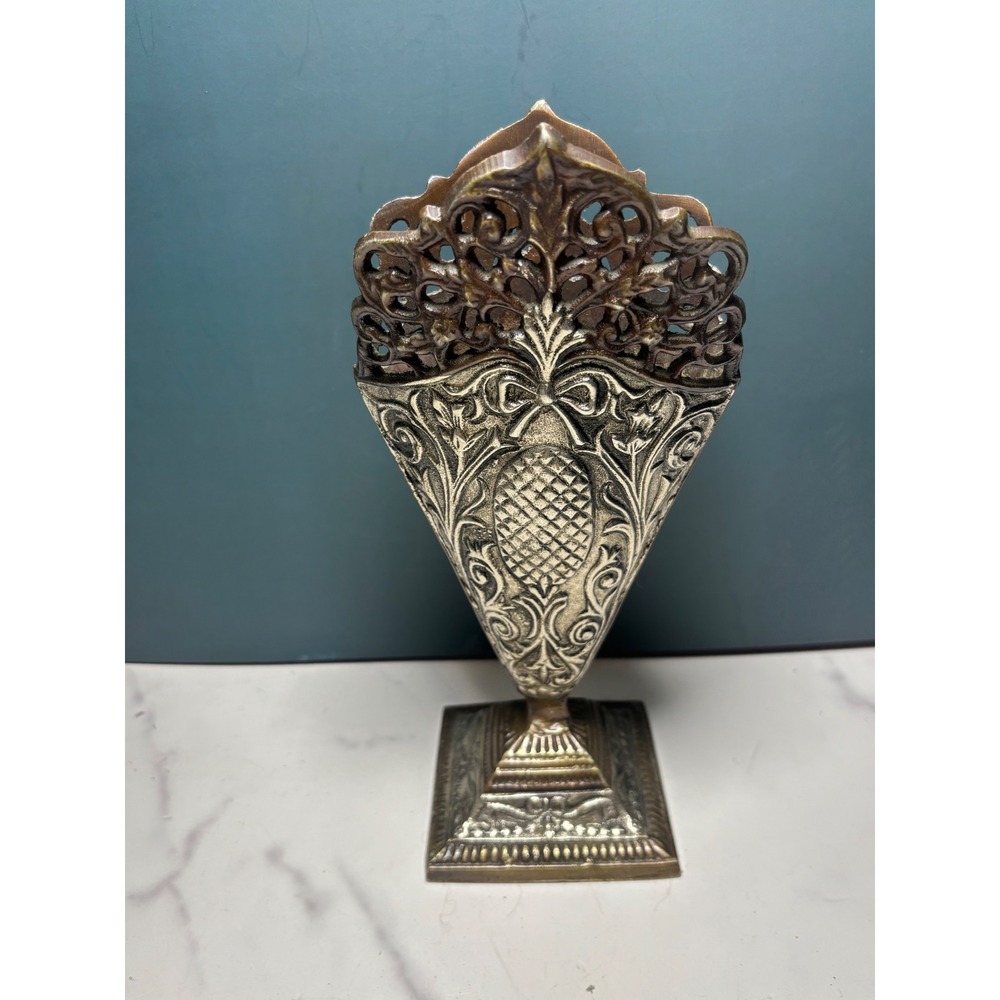 Vintage Ornate Brass Pineapple Vase Decor Silver Tone Art Nouveau Fan Shape